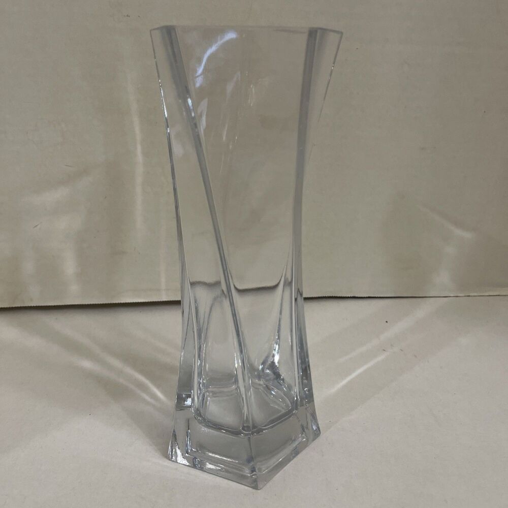 Vintage Glass Vase Twisted Hexagon Flare Top 9.25 In Heavy Glass Clear Elegant B